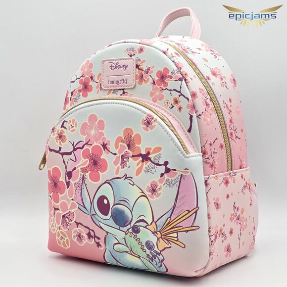 Loungefly Disney Stitch & Scrump Cherry Blossoms Pink Mini Backpack Bag New - Picture 3 of 7